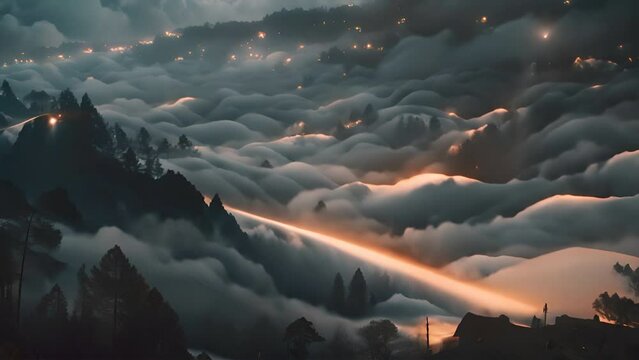 Enchanting village submerged in luminous sea of clouds.generative ai