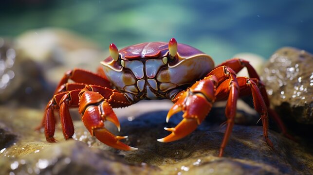 Close-up of red crab in water on dark blue background.
