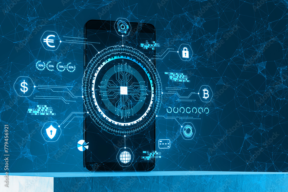 Poster Close up of smartphone with creative digital polygonal business hologram with circuit, banking and safety icons on blue background. Digital transformation concept. 3D Rendering.
