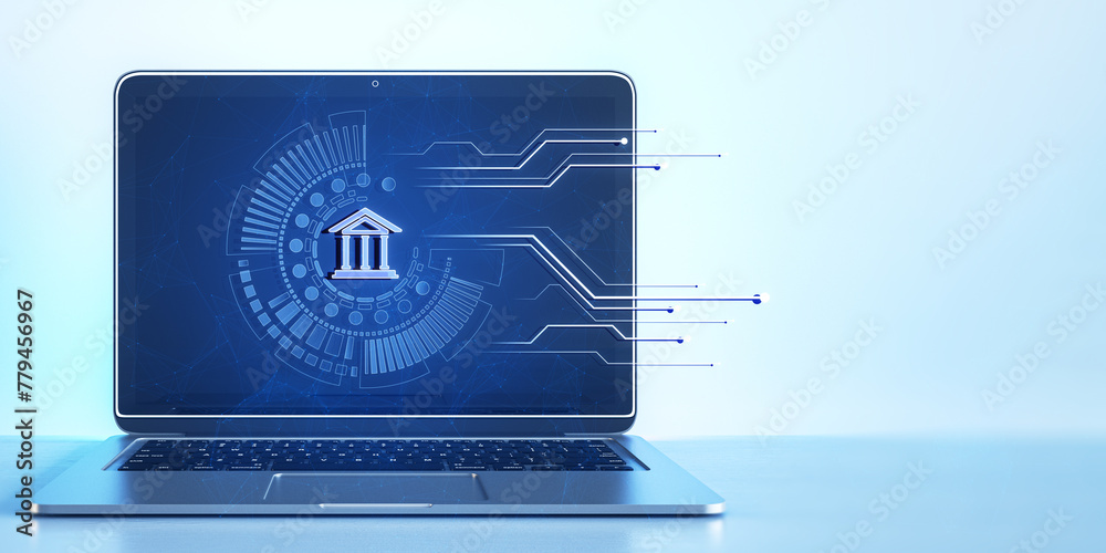 Poster Close up of laptop with creative polygonal circuit banking hologram on blurry background with mock up place. Digital transformation and online bank concept. 3D Rendering.