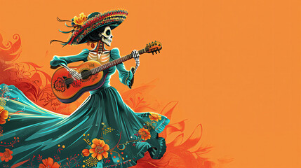 Day of the Dead. Mexican skeleton playing guitar. - 779456948