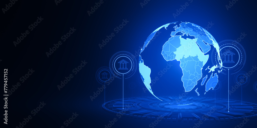 Poster creative globe hologram with bank icons on blue background with mock up place. global banking and in