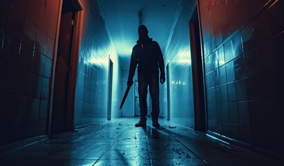 Man standing in hallway with knife. The concept of violence and terrorism - obrazy, fototapety, plakaty