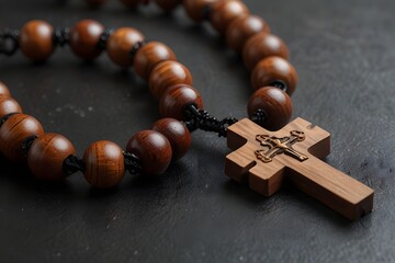Wood rosary with cross .Generative AI