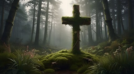 Wood easter cross overgrown with plants
 .Generative AI - obrazy, fototapety, plakaty