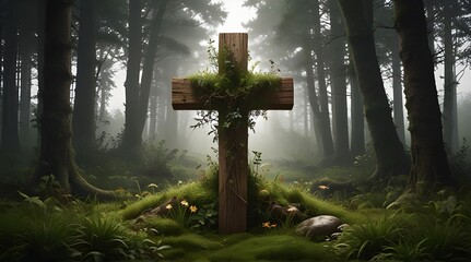Wood easter cross overgrown with plants
 .Generative AI