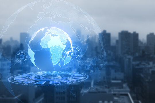 Creative globe hologram with bank icons on blurry city wallpaper. Global banking and innovation concept. Double exposure.
