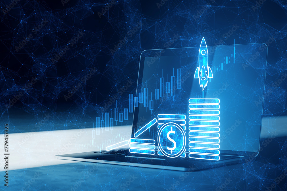 Poster close up of laptop with growing trading spaceship boots hologram with digital dollar coins on blurry