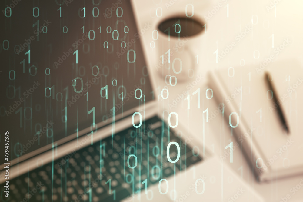 Poster Creative abstract binary code hologram on modern computer background, AI and machine learning concept. Multiexposure