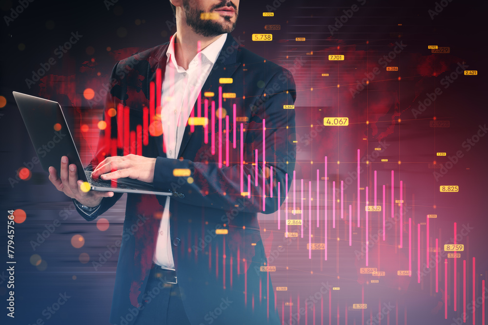 Poster headless young businessman with laptop and downward red forex chart with map, grid and index on blur