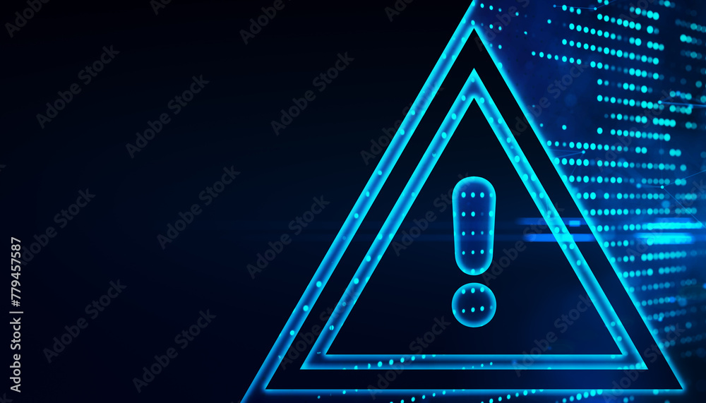 Poster Abstract digital blue exclamation mark on dark backdrop with mock up place. Warning and sign concept. 3D Rendering.