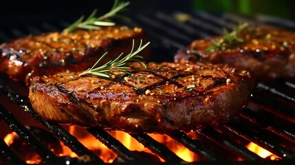 Delicious beef steaks on barbecue grill with flames, closeup