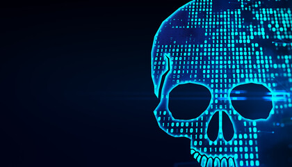 Abstract digital blue skull on dark background with mock up place. Malware and hacking concept. 3D Rendering.