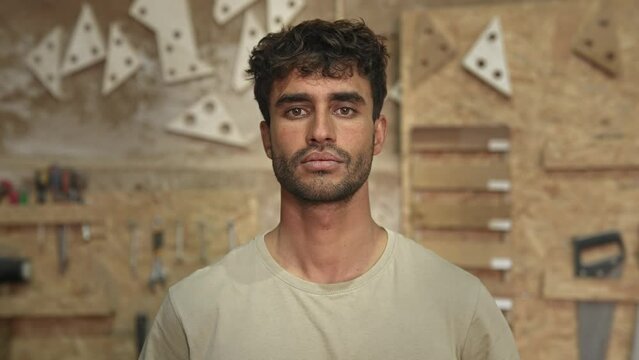 Man carpenter face portrait. Male carpentry work skill. Joiner guy timber woodwork. Happy worker smile. Serious person woodworker look at camera. Wood diy master class workshop. Many tools background.