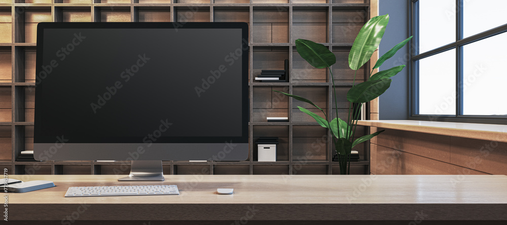 Poster Close up of clean designer office workplace with empty computer monitor, window with city view and wooden shelves in the background. Mock up, 3D Rendering.