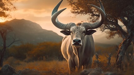 Buck in the savannah at sunset