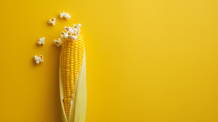 An ear of corn with popcorn flying out on a solid yellow background. Flat lay. Minimal food idea. Web banner with empty space fot text. 