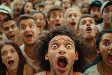 A group of people expressing shock and amazement with wide eyes and open mouths. - obrazy, fototapety, plakaty