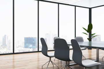 Bright light meeting room interior with wooden flooring, furniture and panoramic window with city view. 3D Rendering.