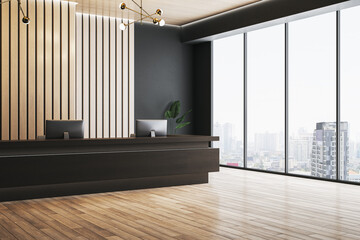 Clean wooden and dark concrete office with panoramic window and city view, reception desk and decorative plant. Lobby concept. 3D Rendering.