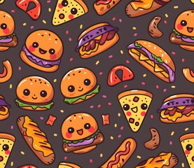 Cute kawaii fast food pattern with cheeseburgers, hot dogs and milkshakes on a dark purple background
