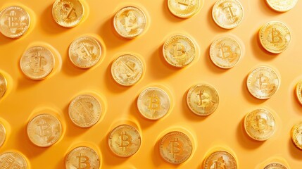 Realistic Bitcoin gold coins apart from each other photo pattern, flat color background, isometric,...