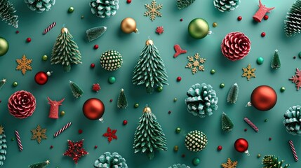 Realistic christmas tree toys apart from each other photo pattern, flat color background,...