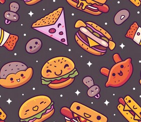 Cute kawaii fast food pattern with cheeseburgers, hot dogs and milkshakes on a dark purple background