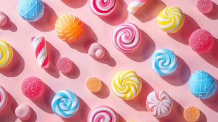 Realistic candies pattern in shadow play style, flat pastel color background, isometric, top view