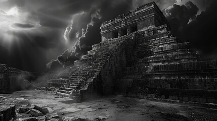 A monochromatic study of a Mayan temple  AI generated illustration - obrazy, fototapety, plakaty