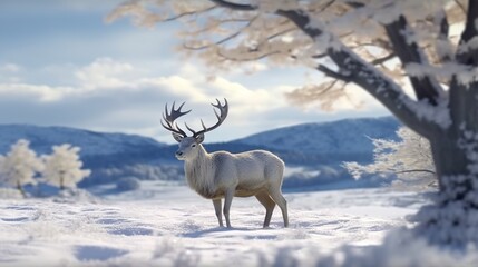 Beautiful red deer in the winter forest. Wild animal in the forest.