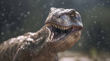 Dinosaur in the rain with open mouth and teeth, close up