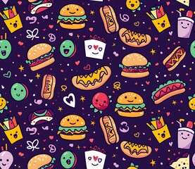 Cute kawaii fast food pattern with cheeseburgers, hot dogs and milkshakes on a dark purple background