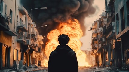 A man in a black coat stands in the middle of a burning city street.