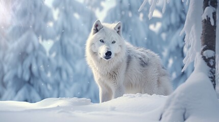 White wolf in the winter forest. Animal in the nature habitat.