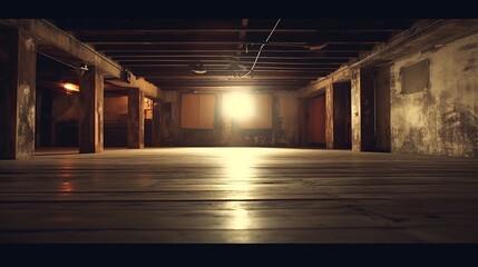 Empty room with wooden floor in old abandoned building.