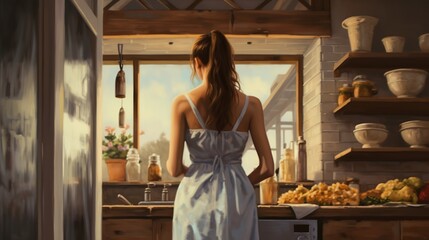 Beautiful young woman standing in the kitchen at home, back view