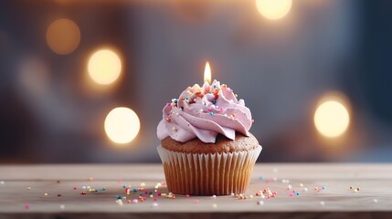 Birthday cupcake with candle on wooden table and bokeh background - obrazy, fototapety, plakaty