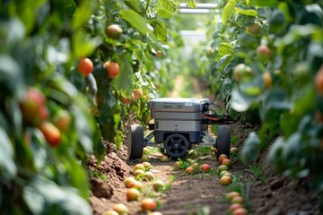 A robotic device in a greenhouse, autonomously moving between rows of tomato plants.