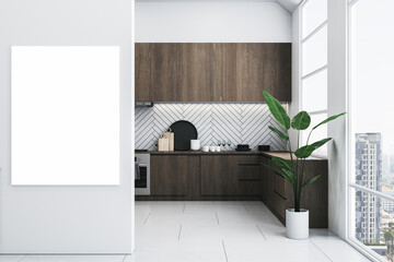 Modern white and wooden kitchen interior design with window and empty mock up banner on wall. 3D...