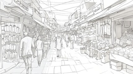 A perspective drawing of a bustling marketplace  AI generated illustration