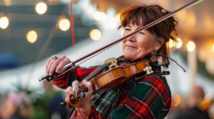 A humorous female performer in traditional Scottish attire plays the violin. - obrazy, fototapety, plakaty