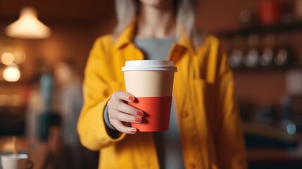 Close-up of a female hand holding a paper cup of coffee - obrazy, fototapety, plakaty