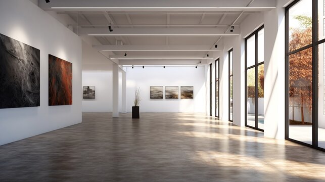 Modern art gallery interior with paintings on the wall