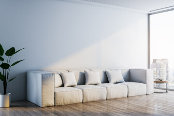 Contemporary concrete interior with sofa, wooden flooring,window and daylight, city view and plant. Empty mock up place on wall. 3D Rendering.