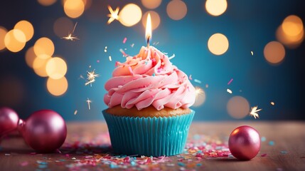 Birthday cupcake with candle on wooden table and bokeh background - obrazy, fototapety, plakaty