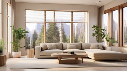 Fototapeta premium Minimalist Living Room Coffee Table with Backdrop of Natural Light
