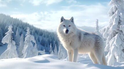 White wolf in the winter forest. Animal in the nature habitat.
