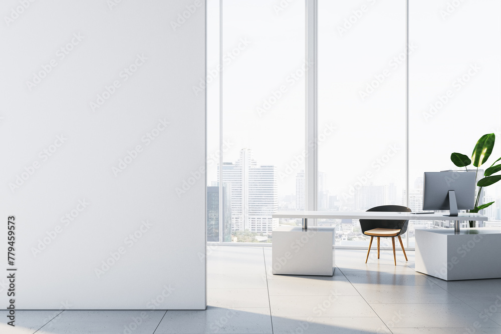 Poster modern white concrete office interior with empty mock up place on wall, panoramic windows and city v