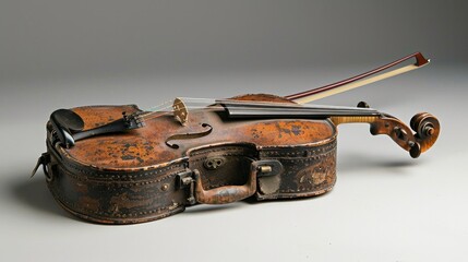 An antique violin case with a bow rests on a white surface, creating a captivating isolated arrangement. - obrazy, fototapety, plakaty